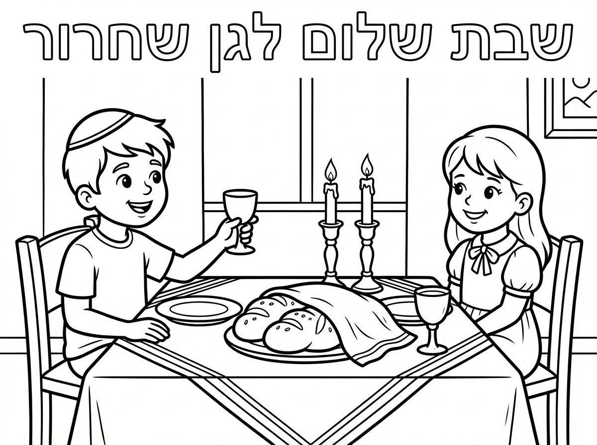 תצייר לי דף צביעה שתי ילדים בן ובת בשולחן שבת שכתוב למעלה שבת שלום לגן שחרור