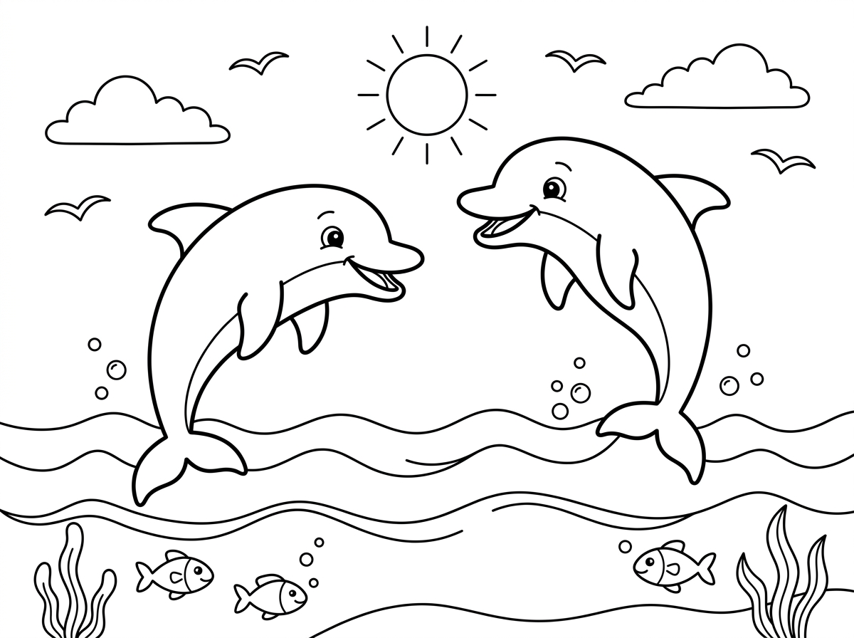 דף צביעה עם ים ודולפינים