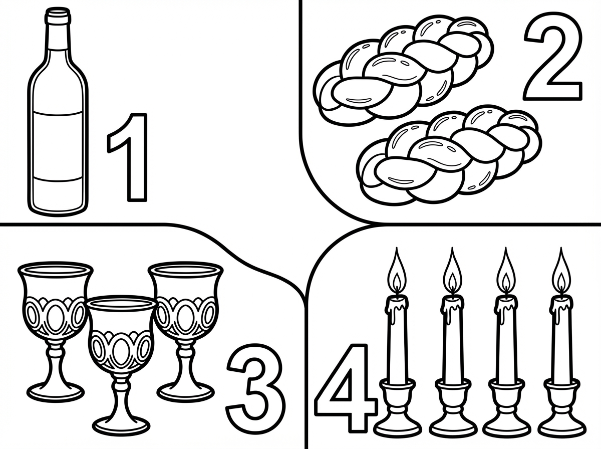 אשמח ליצור דף משימה שצריך להתאים כמות למספר מ1 עד 4 בנושא השבת: כמויות של חלות, גביעי יין, נרות שבת , ובקבוק יין