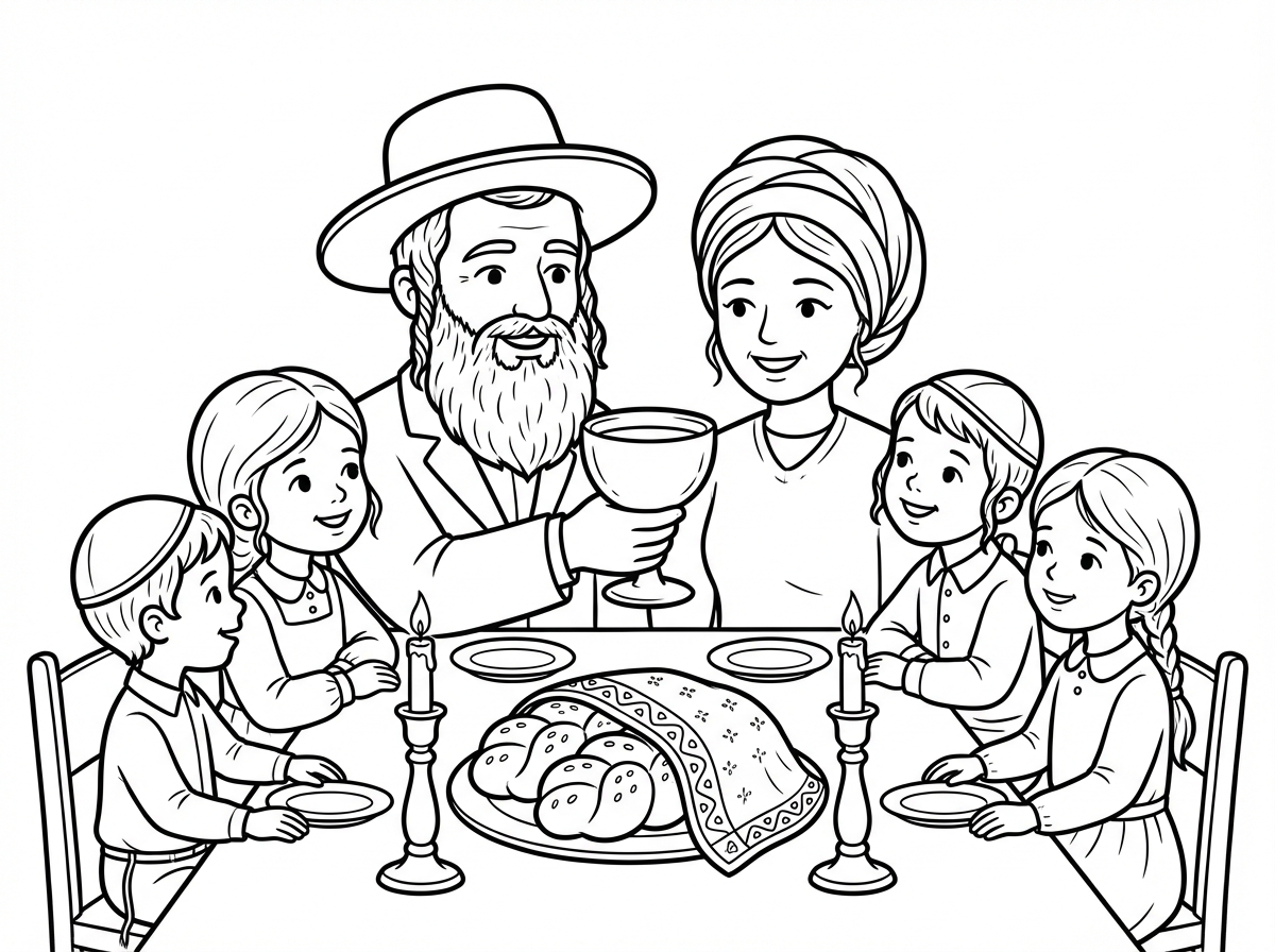 אשמח גם לדף צביעה של קידוש בשבת הגביע צריך להיות ללא רגל המשפחה דתית אבא עם כובע וזקן אמא עם כיסוי ראש הילדים עם כיפה והילדות צנועות