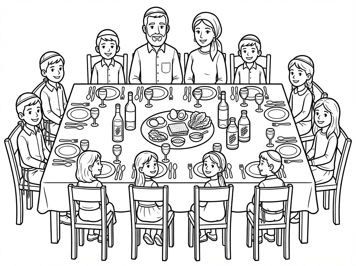 אפשר בבקשה  שתכין לי דף צביעה של  משפחה יושבת ליד שולחן ליל הסדר? שיהיה קערה עם ביצים מונחת על השולחן וגם מצות וחסה ויין!! שיהיה צלחות, סכו"ם וכוסות לכל סועד. משפחה של אבא ו3 בנים עם כיפה וציצית ואמא עם מטפחת ושמלה ו6 בנות בצניעות כולם סועדים ליד השולחן.