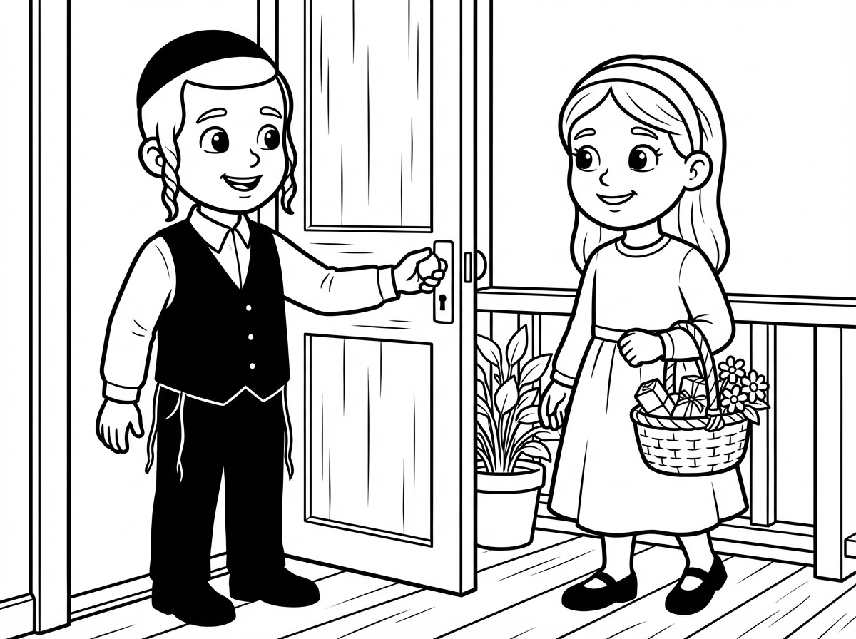 תייצר ןלי בבקשה תמונה שילד מראה חסידי פותח את הדלת לילדה עושה גמילות חסדים