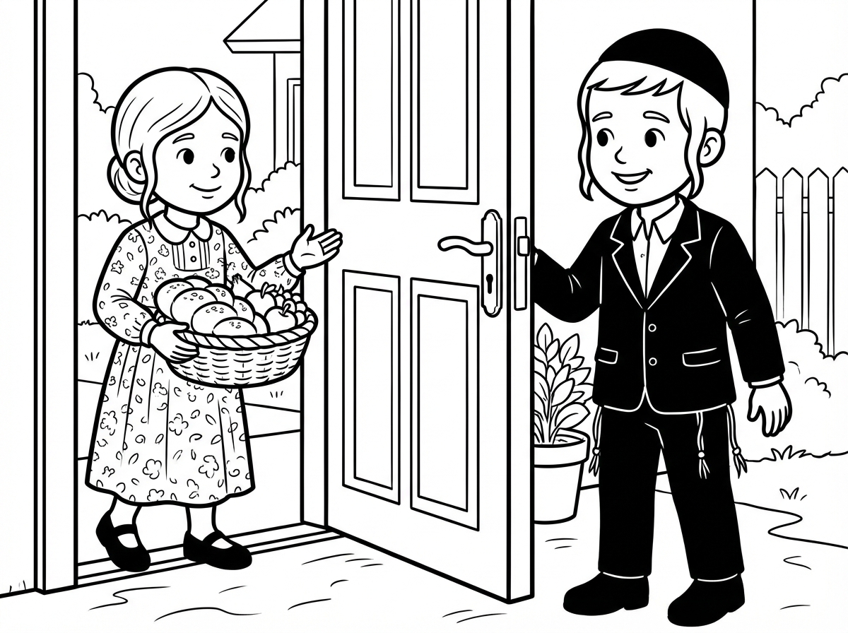 תייצר לי בבקשה תמונה שילד מראה חסידי חב״ד פותח את הדלת לילדה גם בסגנון חסידי חבד עושה גמילות חסדים