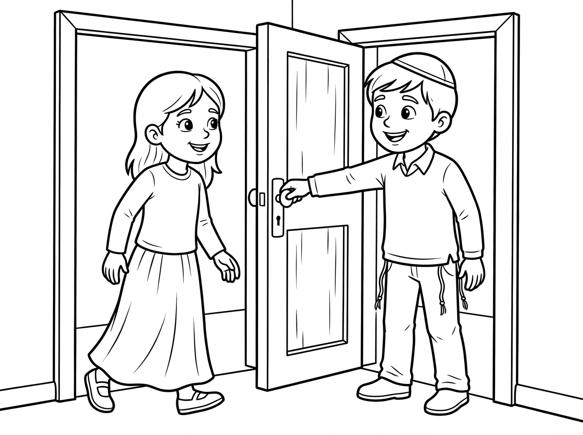 אני רוצה ששניהם יהיו מחוץ לדלת והילד מחזיק לילדה כדי שהיא תצליח להיכנס ילדים רגילים רק הילד עם כיפה וציצית והילדה עם חצאית ארוכה