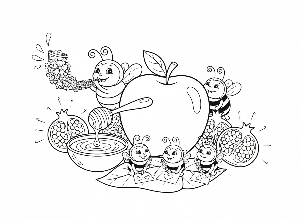 ראש השנה בארץ הדבורים - דבורים חוגגות עם תפוח ענק טבול בדבש, דבורה תוקעת בשופר עשוי מפרחים, רימונים עם גרגרים זוהרים, ילדי דבורים כותבים כרטיסי ברכה