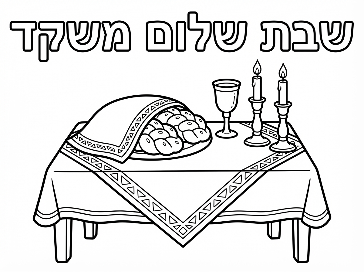 צור לי דף צביעה לפרשת ויקרא
שכתוב "שבת שלום משקד"
שולחן שבת עם חלות וכוס קידוש
אפשר גם פמוטים