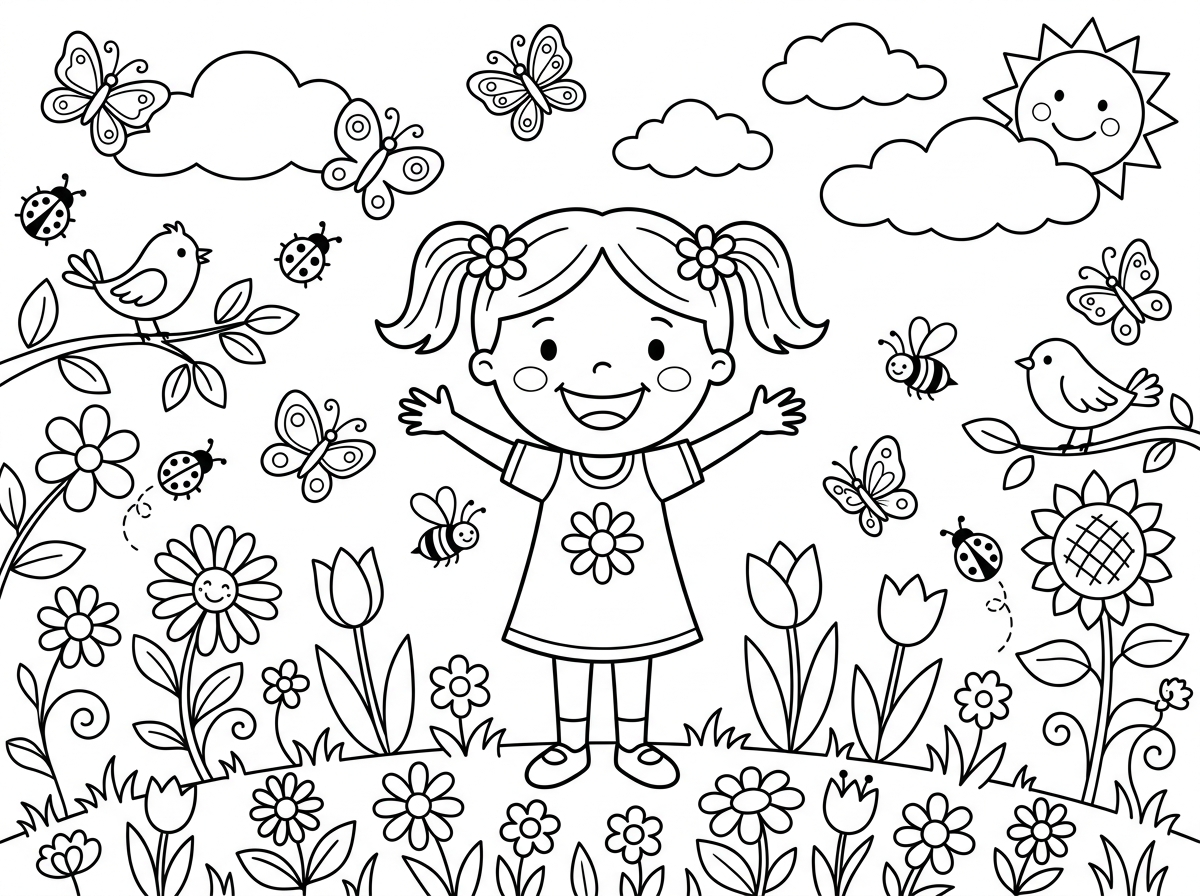 דף צביעה לילדה מתוקה
של האביב, פרפים פרחים