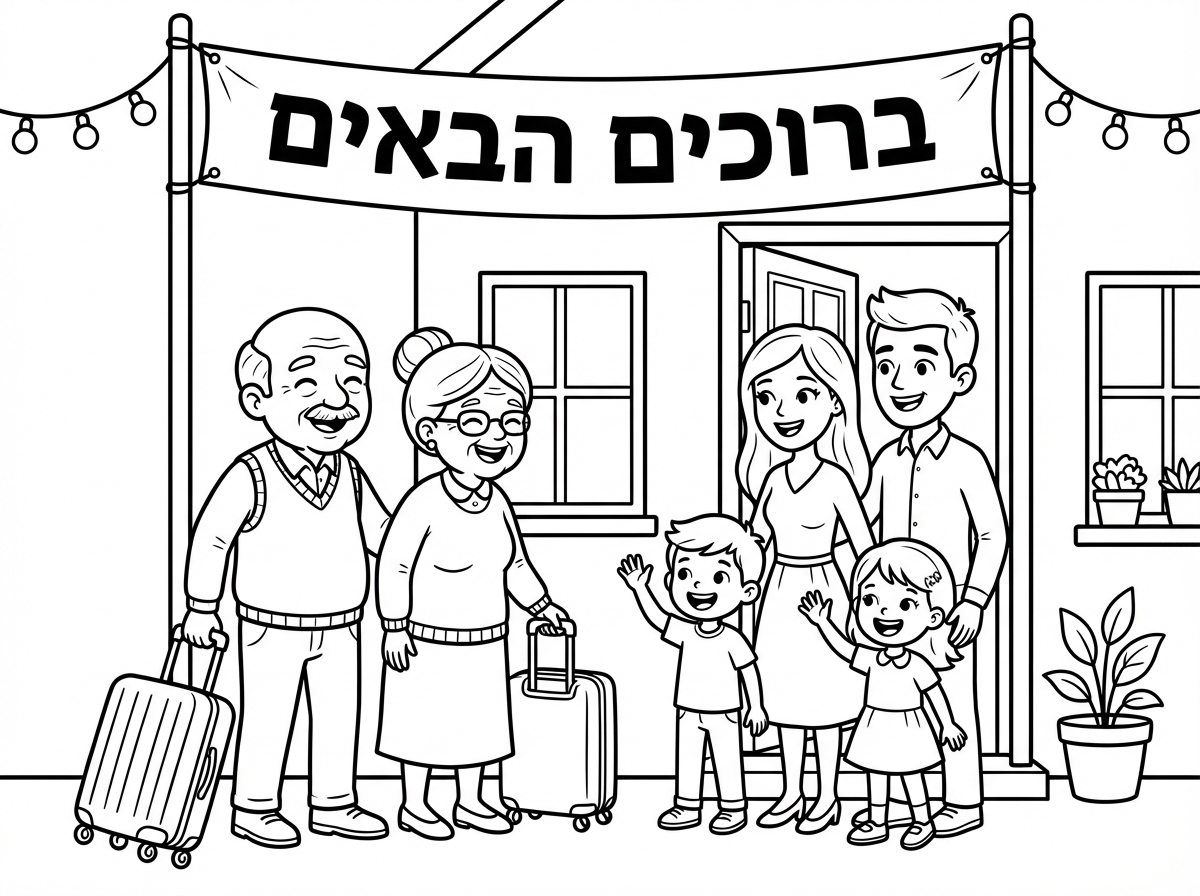 מתוך התמונה הזאת את אותם דמויות שבתמונה אני צריך ציור של הזוג המבוגר מגיע לבית של הזוג הצעיר יותר עם הילדים..
יש מזוודות יש חיוכים שלט 'ברוכים הבאים' הרבה שמחה אהבה ואורות
קדימה יש לך את זה...
ואני מדגיש את אותם דמויות מהתמונה שצירפתי לך בציור שאני מזמין