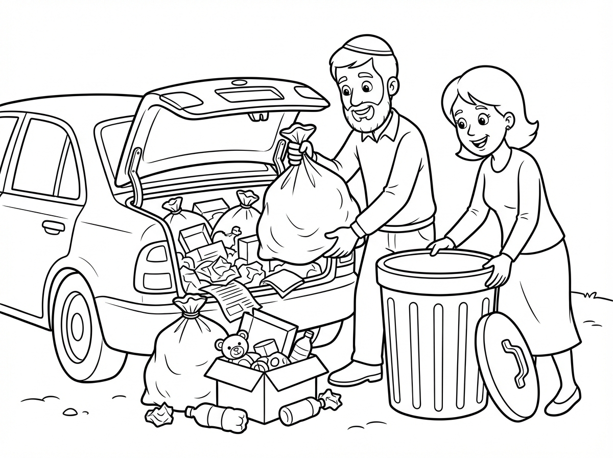 צייר לי אבא נחמד עם זקן וכיפה עוזר לאישתו ומפנה זבל באוטו מלא מלא זבל ויש ריח וליכלוכים ברקע רואים את הפח הגדול