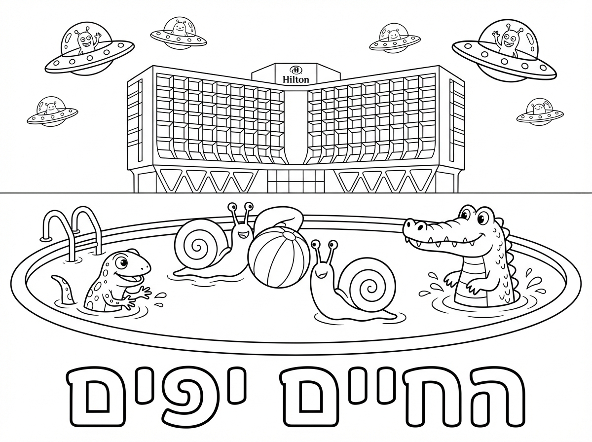שלושה  חלזונות משחקים בכדור  בתוך בריכה עם לטאה ותנין כשבשמים פלישת חייזרים.ברקע מלון הילטון תל אביב.כיתוב בתחתית הדף-החיים יפים