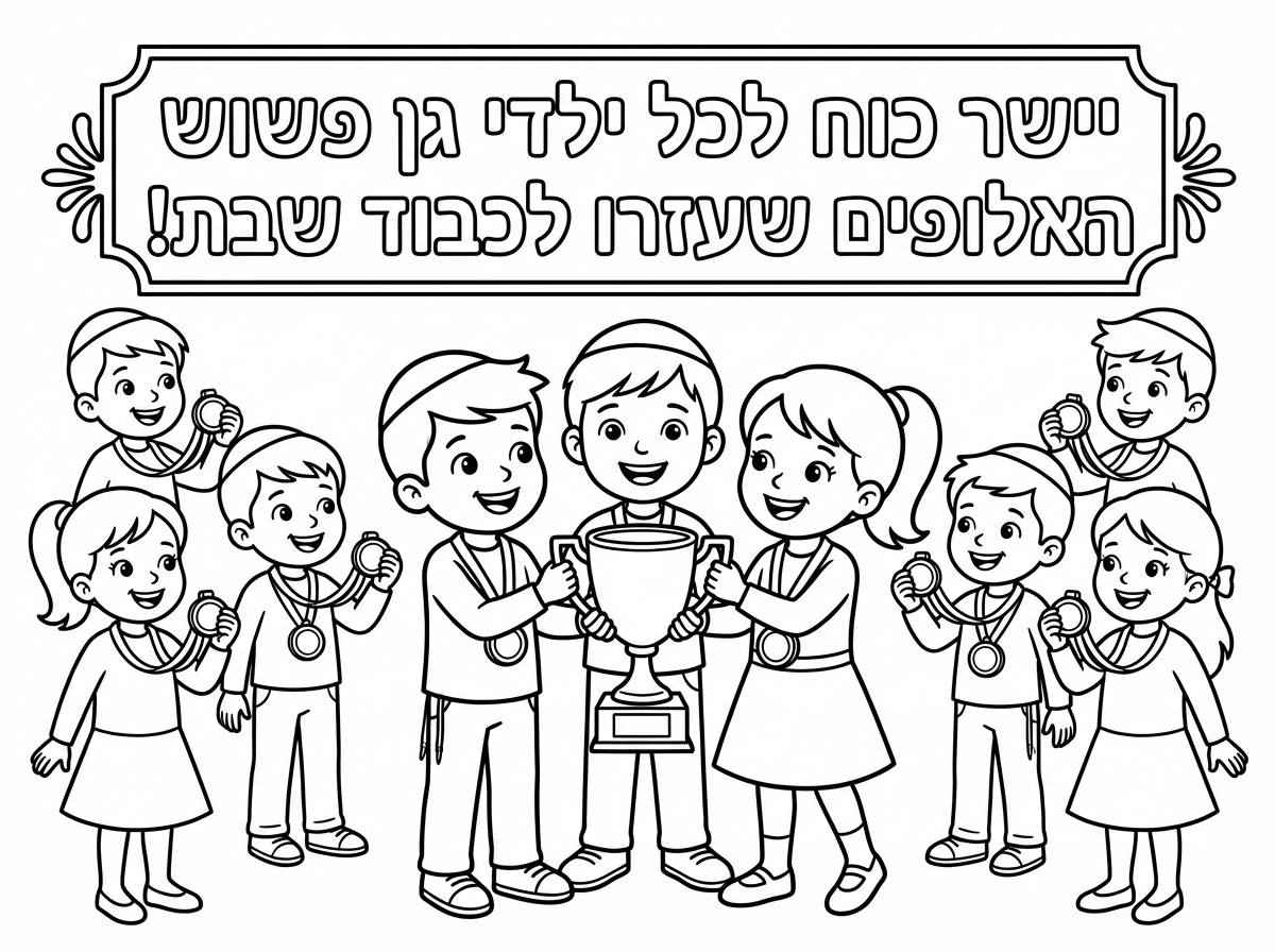 צור לי דף צבעוני ועליז עם ילדים עם כיפות וילדות עם שמלות שיש להם מדליה וגביע אליפות.
תכתוב: יישר כוח לכל ילדי גן פשוש האלופים שעזרו לכבוד שבת!