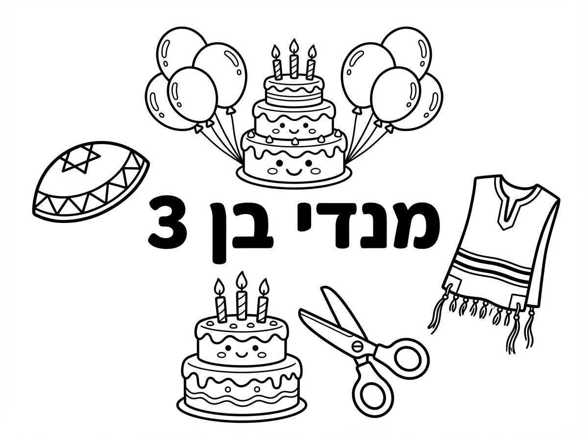 תיצור לי דף שכתוב באמצע: מנדי בן 3

ומסביב ציורים של כיפה, ציצית, עוגה, בלונים ומספריים