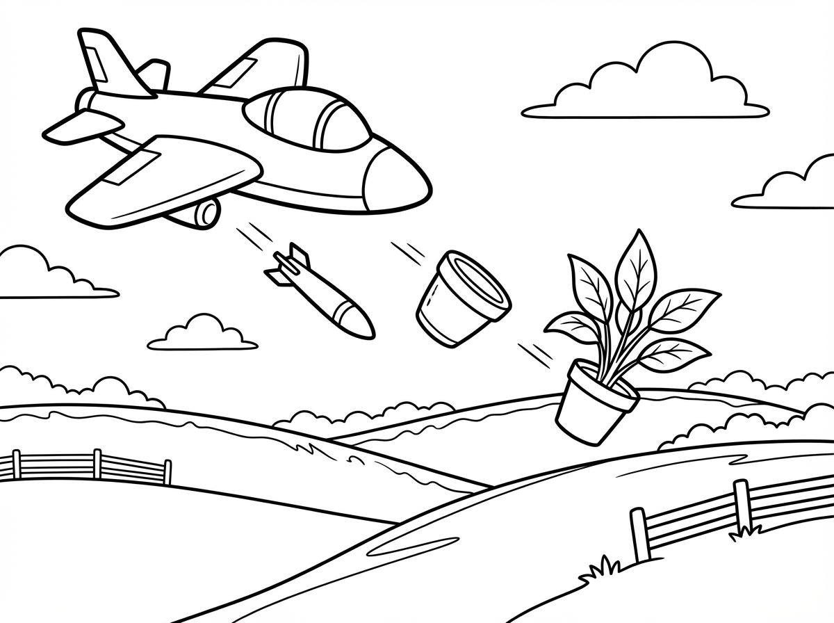 צור לי תמונה של מטוס קרב מפיל טיל עציצ צמח לשדה וברקע עננים ושדות