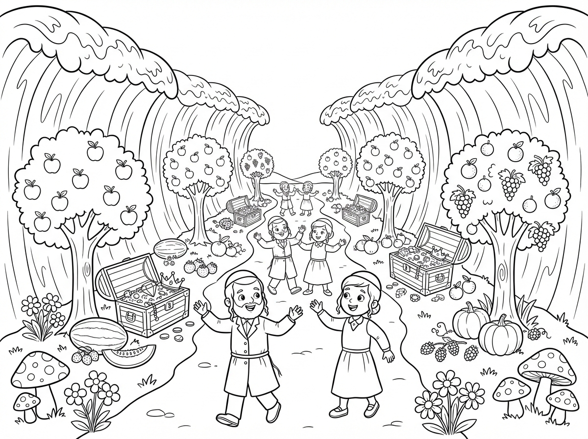 תכין לנו דף צביעה של קריעת ים סוף שיש שתי נדים, שתי קירות של מים בצדדים, ובאמצע יש שביל של יבשה. יש שמה עצים ופירות על העצים ותיבות עם אוצרות ותכשיטים ופירות על ה, שצומחים על הרצפה ו פטריות ופרחים. וילדים חסידים הולכים ביבשה בין שתי נדי קירות המים של ים סוף.