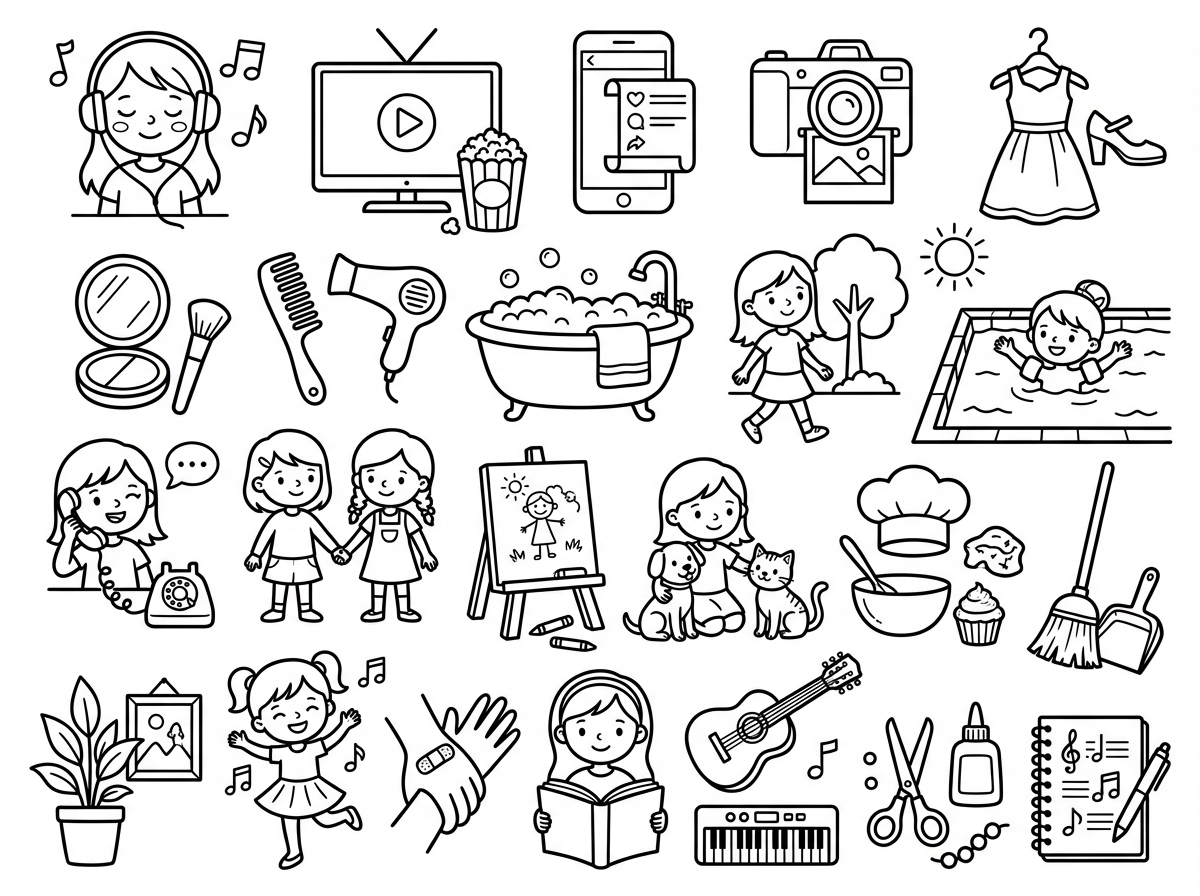 הי תוכל ליצור לי דף שמצויירים בו כל תחומי העניין האלה: 
אל תתייחס למספרים
1. האזנה למוזיקה
2. צפייה בסרטים וסדרות
4. גלישה ברשתות חברתיות
5. צילום 
6. לבוש ואופנה
7. איפור וטיפוח הפנים
8. סידור השיער
9. מקלחת ורחצה (פינוק)
12. טיול בחוץ 
13. שחייה
14. לדבר בטלפון 
15. בילוי עם חברות
16. ציור וצביעה
17. טיפול בבעלי חיים
18. בישול ואפייה
20. סדר וניקיון 
21. עיצוב החדר
23. ריקוד
24. עזרה לאחרים
25. קריאת מגזינים
27. נגינה
28. לעשות יצירה
30. כתיבת שירים