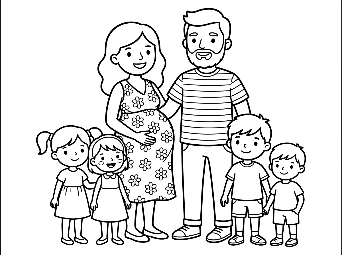 דף צביעה של בעל, אישה בהריון עם 2 בנות ו2 בנים