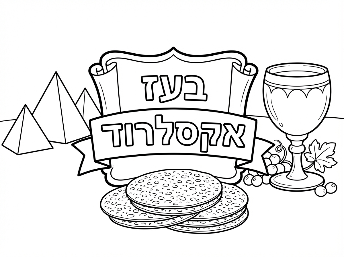 שלט עם שם בעז אקסלרוד עם מצות עגולות פירמידות וגביע יין