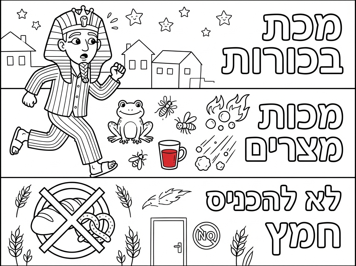 אבל שיהיה מחולק כמו הדף הקודם, לרוחב. 
במכת בכורות לא לצייר מלאכים, אולי לצייר את פרעה רץ עם פיג'מה