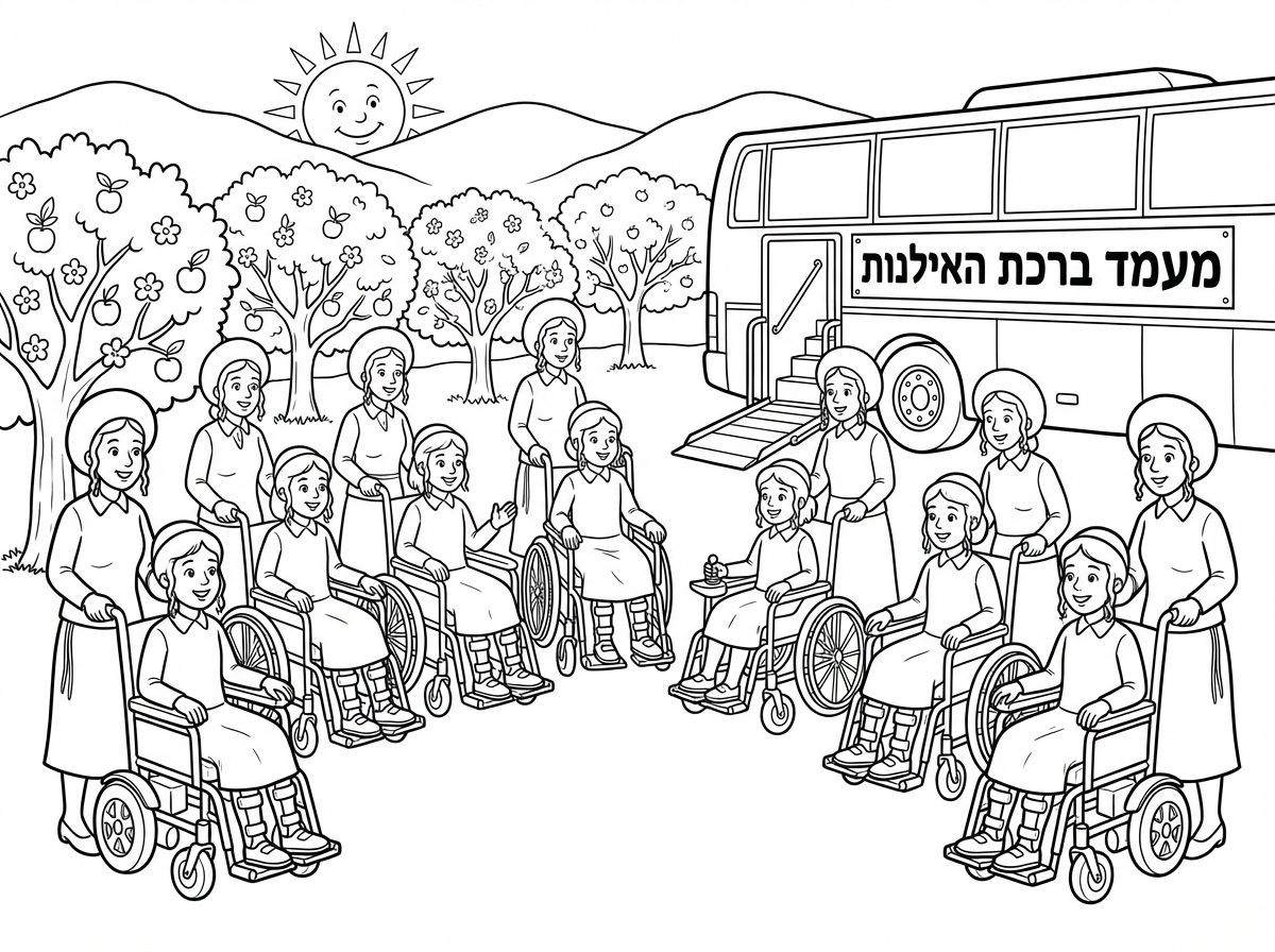 קבוצת 12 ילדות חרדיות עם חצאית נכות על כסא גלגלים עם סדים ברגלים, 3 מתוכם על כסא ממנוע, לכל אחת מלווה חרדית  עם פאה נוכרית. בברכת האילנות בפרדס עצים מלבלבים, בהרי ירושלים, שמש נעימה בשמים לצידם אוטובוס מיוחד עם מעלון שעליו שלט גדול "מעמד ברכת האילנות" שהביא אותם למעמד.
