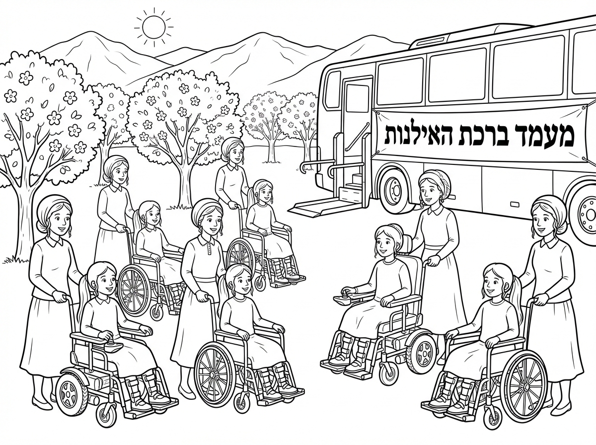 קבוצת 12 ילדות חרדיות עם חצאית עם קוקו ארוך, נכות על כסא גלגלים עם סדים ברגלים, 3 מתוכם על כסא ממנוע, לכל אחת מלווה בחורה חרדית. בברכת האילנות בפרדס עצים מלבלבים, בנוף רואים את הרי ירושלים, שמש נעימה בשמים לצידם אוטובוס מיוחד עם מעלון שעליו שלט גדול "מעמד ברכת האילנות" שהביא אותם למעמד.