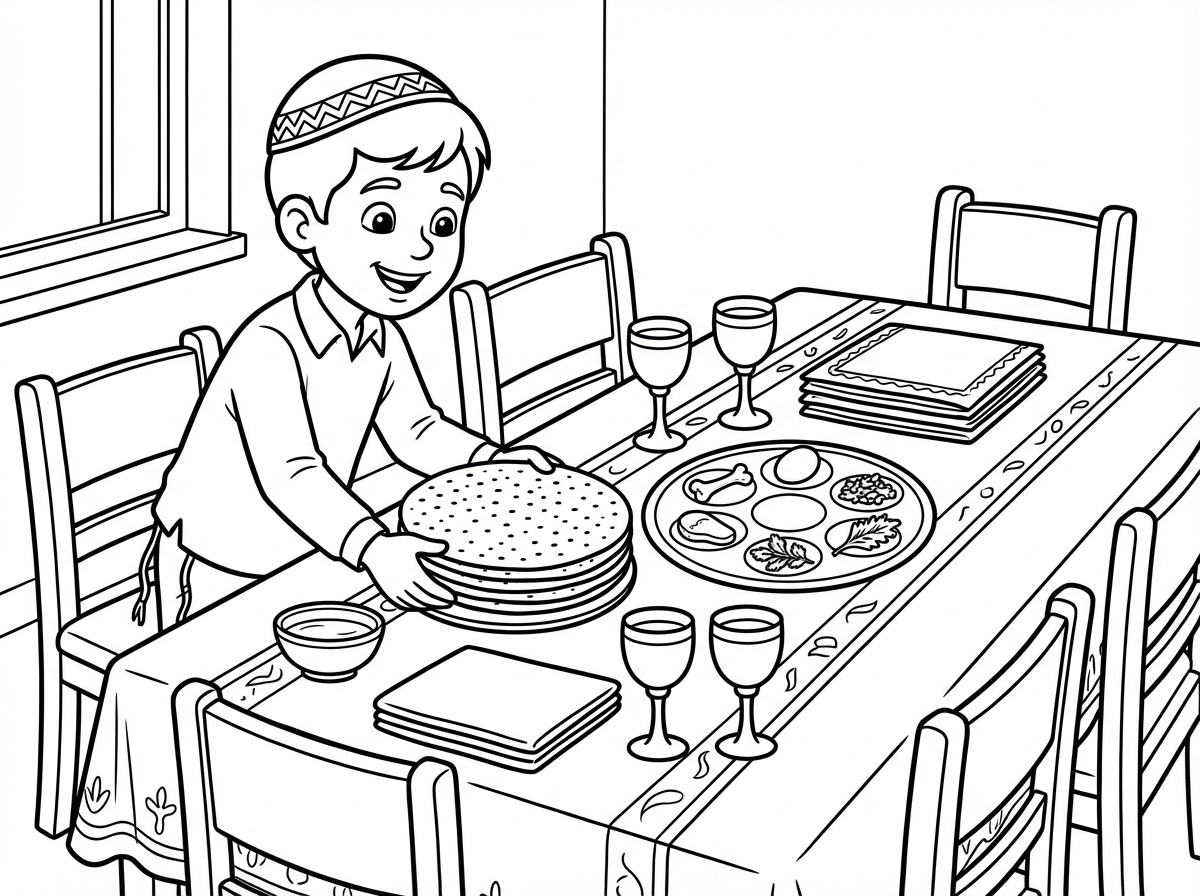 תעשה לי בבקשה דף צביעה שילד עם כיפה וציצית עורך את שולחן החג פסח בשמחה רואים על השולחן מצות עגולות , קערת ליל הסדר , 4 כוסות יין