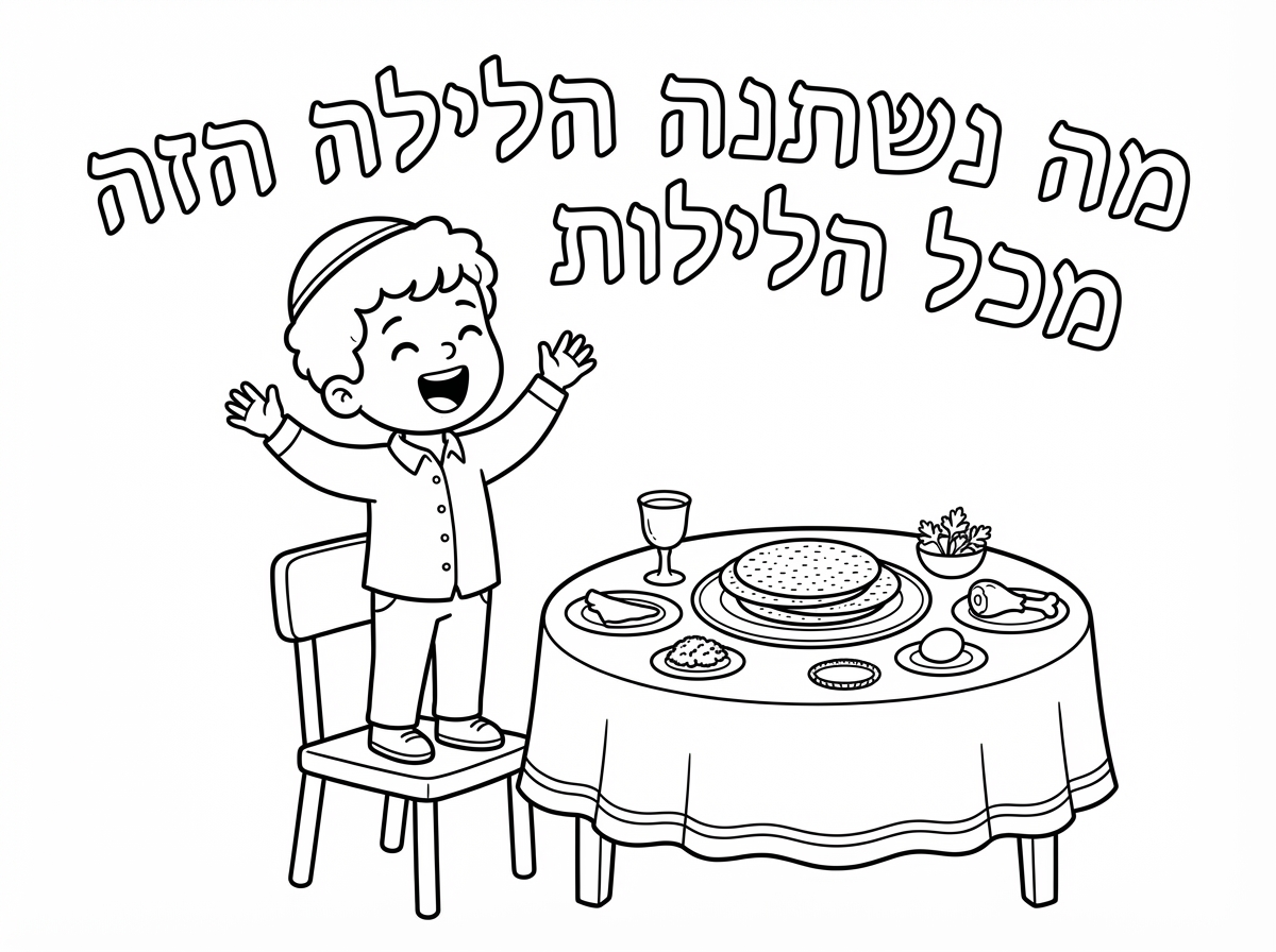 תודה רבה ! 
ועכשיו דף נוסף : 
ילד ליד שולחן ליל הסדר עם מצות עגולות עומד על הכיסה ושר ומעלין כתוב מה נשתנה הלילה הזה מכל הלילות