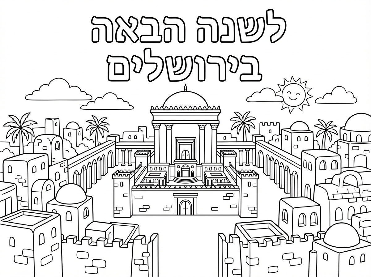 תודה רבה ועכשיו עוד דף:
למעלה כתוב לשנה. הבאה בירושלים
ולמטה רואים את ירושלים העתיקה באמצע את הבית המקדש