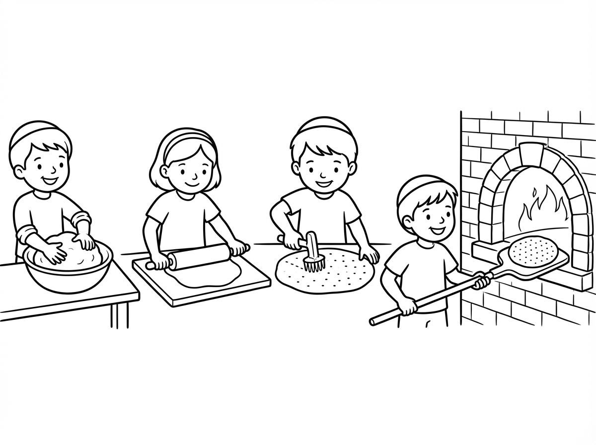 דף של אפיית מצות יד :
לישה,עיבוד הבצק, רידוד לבצק דק, חירור הבצק, הכנסה לתנור