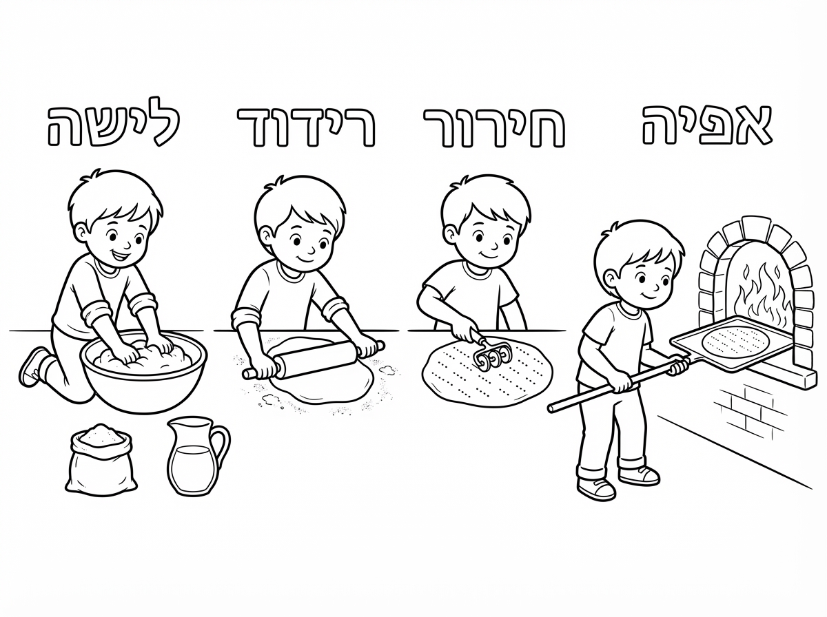 מעל כל ילד תרשום את הפעולה: לישה,רידוד,חירור,אפיה