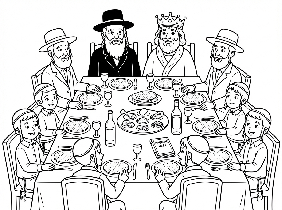 אני רוצהה דף צביעה.
של שולחן ליל הסדר. עם מצות עגולות, גביעים,יין, קערת ליל הסדר.
בראש בשלחן יושב הרב עם כובע וחליפה ארוכה.
כל האנשים מסביב לשלחן יהיו דברים עם כובע וחליפה של חבד וגם ילדים עם כיפה וציצית וחולצת צווארון לבנה עם כפתורים..
מלך עם גלימה וכתר עומד על יד הרב בראש השלחן וחיוך על פניו