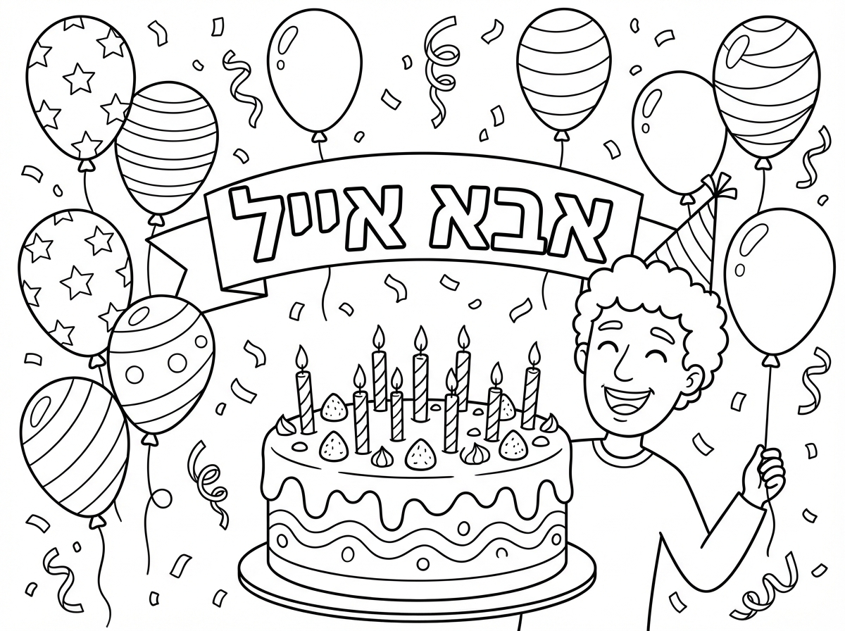 תיצור לי דף צביעה עבור יום הולדת של אבא אייל שיהיה שמח עם עוגה ובלונים