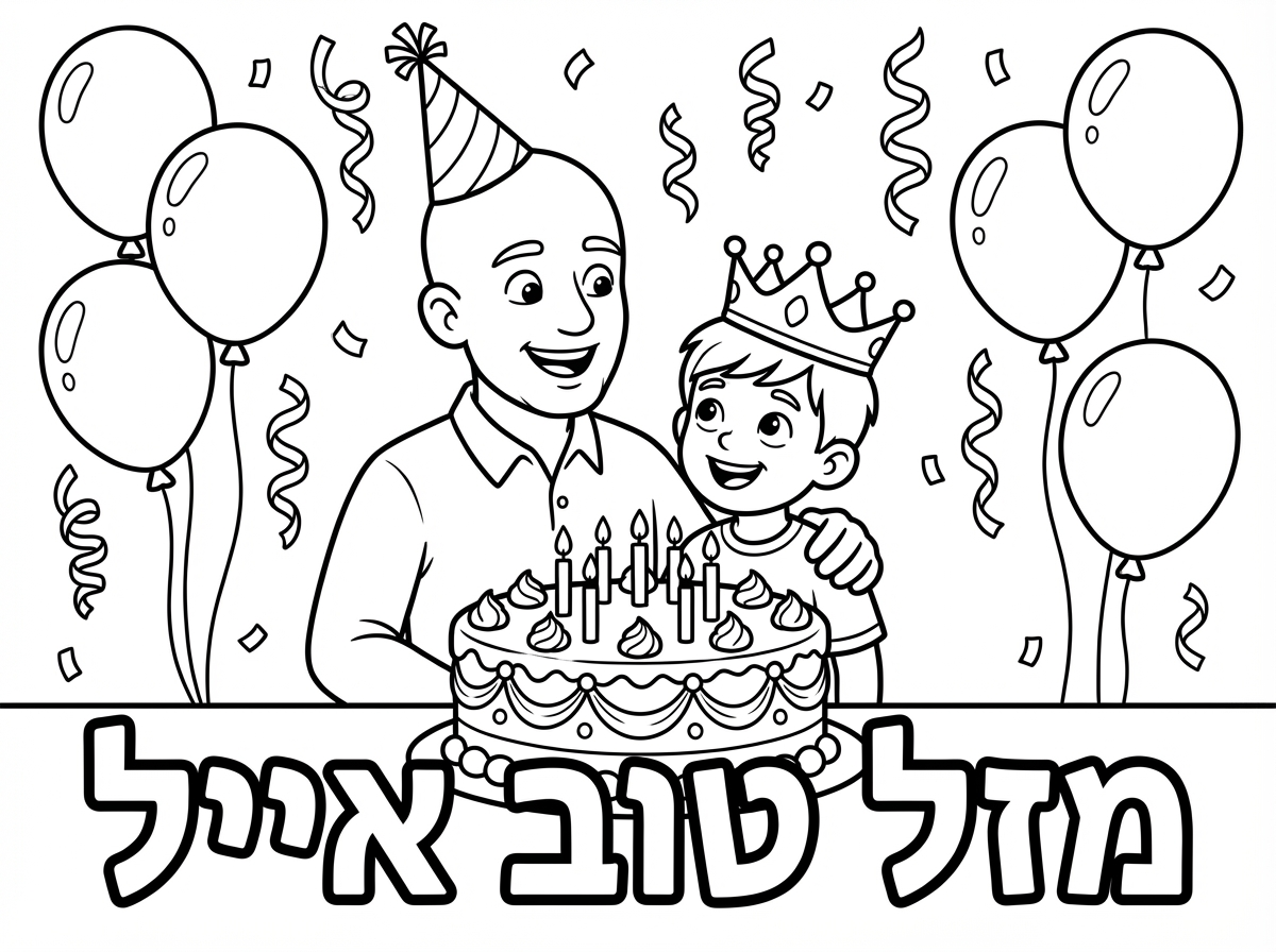 תיצור לי דף צביעה שכתוב מזל טוב אייל ושיהיה שמח עם עוגה ובלונים, לאבא אייל יש קרחת