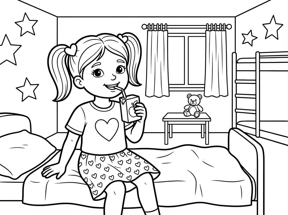 ארצה דף שחור לבן עם ציור של ילדה עם 2 קוקיות עם סיכות עם חולצה וחצאית עם לבבות שהילדה שותה מיץ במקלט