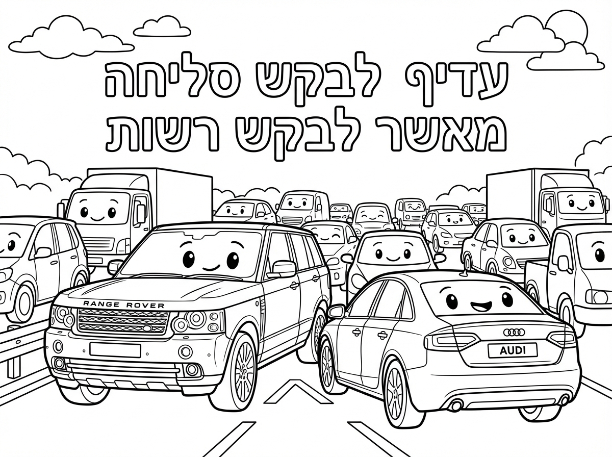 צור לי דף צביעה של מכוניות בפקק ורכב רנד רטבר עוקף האווודי וכתוב עדיף לבקש  סליחה מאשר לבקש רשות