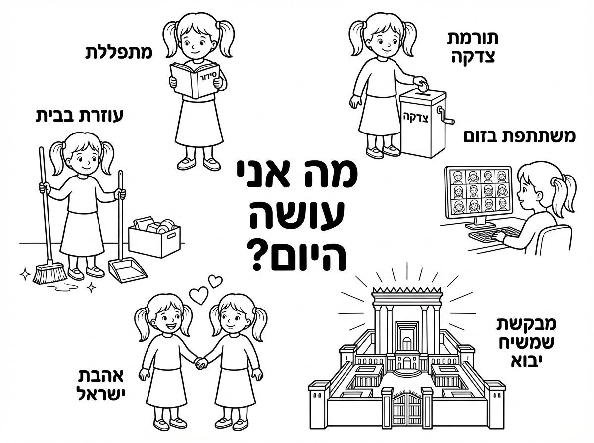 ציור של ילדה קטנה עם קוקיות חולצה ארוכה שמכסה את המרפק
חצאית ארוכה שמכסה את הברך
גרביונים ונעליים

כותרת 
מה אני עושה היום?
ואז ציורים קטנים מסביב

מתפללת 
ותמונה של הילדה עם סידור

עוזרת בבית תמונה של הילדה עם מטאטא

אהבת ישראל 
תמונה של הילדה 
עם עוד ילדה נותנות ידיים

תורמת צדקה
הילדה עם קופת צדקה ומטבע

משתתפת בזום 
ילדה מסתכלת במחשב ויש שם הרבה ילדות קטנות

מבקשת שמשיח יבוא
תמונה של בית המקדש
