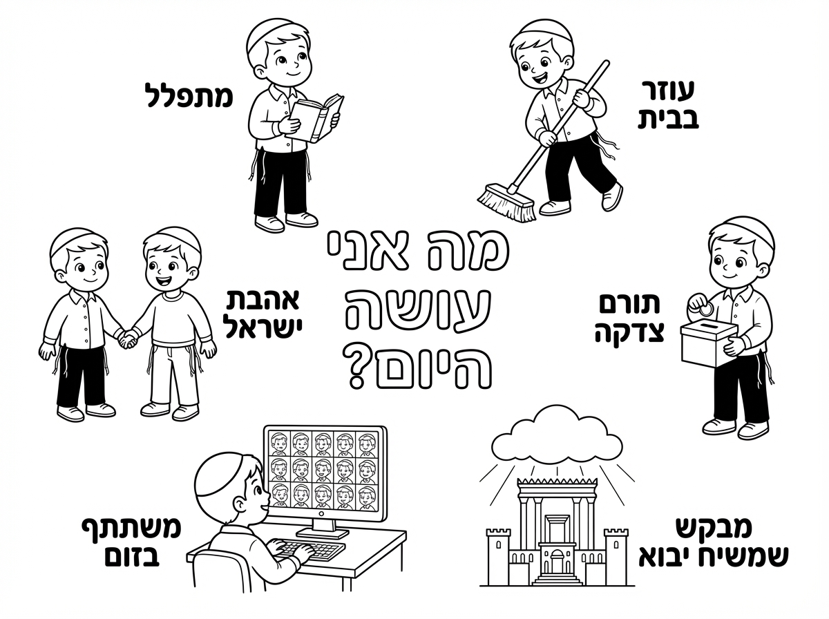 ציור של ילד קטן עם כיפה חולצה מכופתרת מכנס שחור ארוך וחוטי ציצית בצד של המכנסיים ונעליים

כותרת 
מה אני עושה היום?
ואז ציורים קטנים מסביב

מתפלל ותמונה של הילד עם סידור

עוזר בבית תמונה של הילד עם מטאטא

אהבת ישראל 
תמונה של הילד 
עם עוד ילד נותנים ידיים

תורם צדקה
הילד עם קופת צדקה ומטבע

משתתף בזום 
ילד מסתכל במחשב ויש שם הרבה ילדים קטנים עם כיפות

מבקש שמשיח יבוא
תמונה של בית המקדש