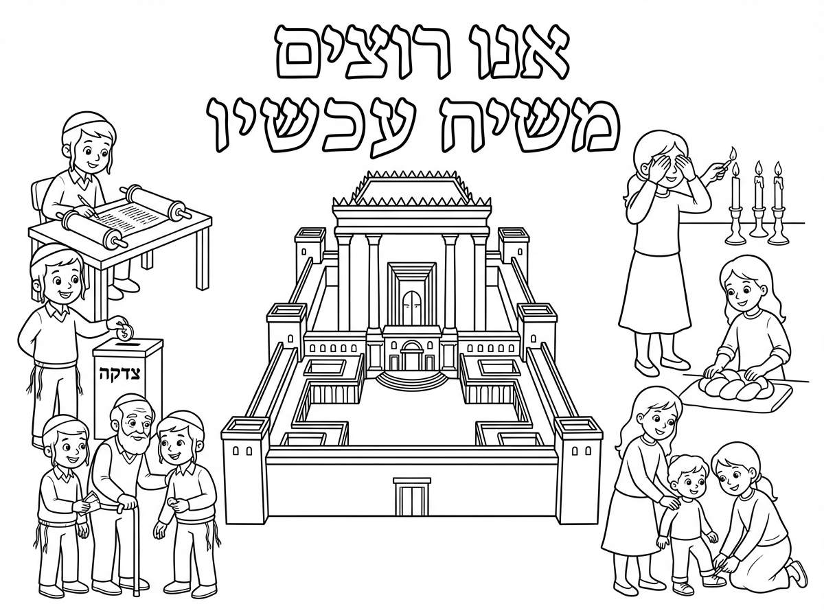 תמונה של בית המקדש בגדול

כותרת
אנו רוצים משיח עכשיו

בצד ימין של בית המקדש
ילדות עם חולצה וחצאית ארוכה וגרביונים עם ציור של מצוות
בצד שמאל של בית המקדש
בנים עם כיפות עם ציור של מצוות