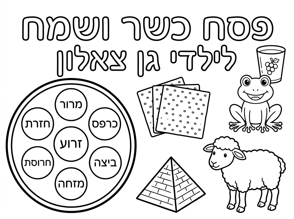תכין לי דף עם איורים של פסח שיהיה רשום בו פסח כשר ושמח לילדי גן צאלון