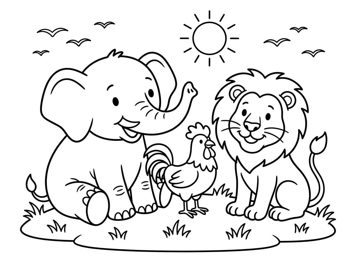 אני רוצה דף צבעה של אריה פיל תרנגול שהם יושבים על דשא ויש שמש בשמיים וציפורים