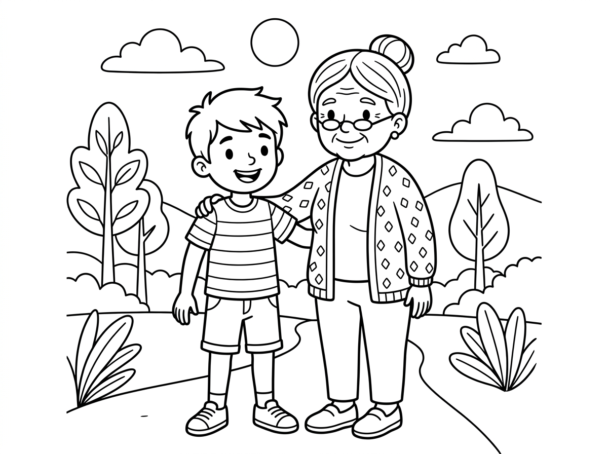 אתה יכול לתפור לי תמונה של ילד בן תשע עד 10 ועומד ליד סבתא בת 50 עד 60