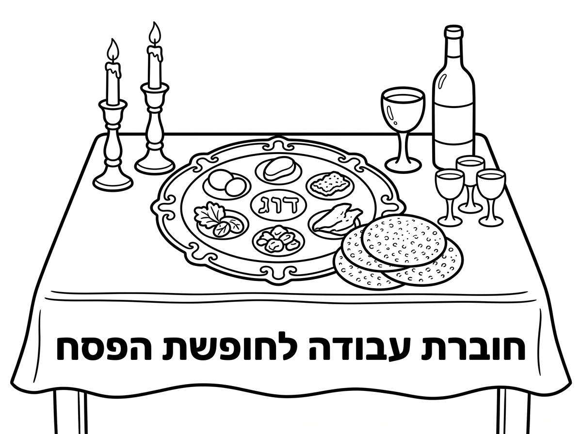 בבקשה אני צריכה דף כריכה לחוברת פסח שיהיה כתוב
חוברת עבודה לחופשת הפסח
ויהיה מצוייר שולחן עליו בקבוק יין גביע גדול ועוד 4 גביעים קטנים מגש ליל הסדר מצות עגולות פמוטים 
תודה