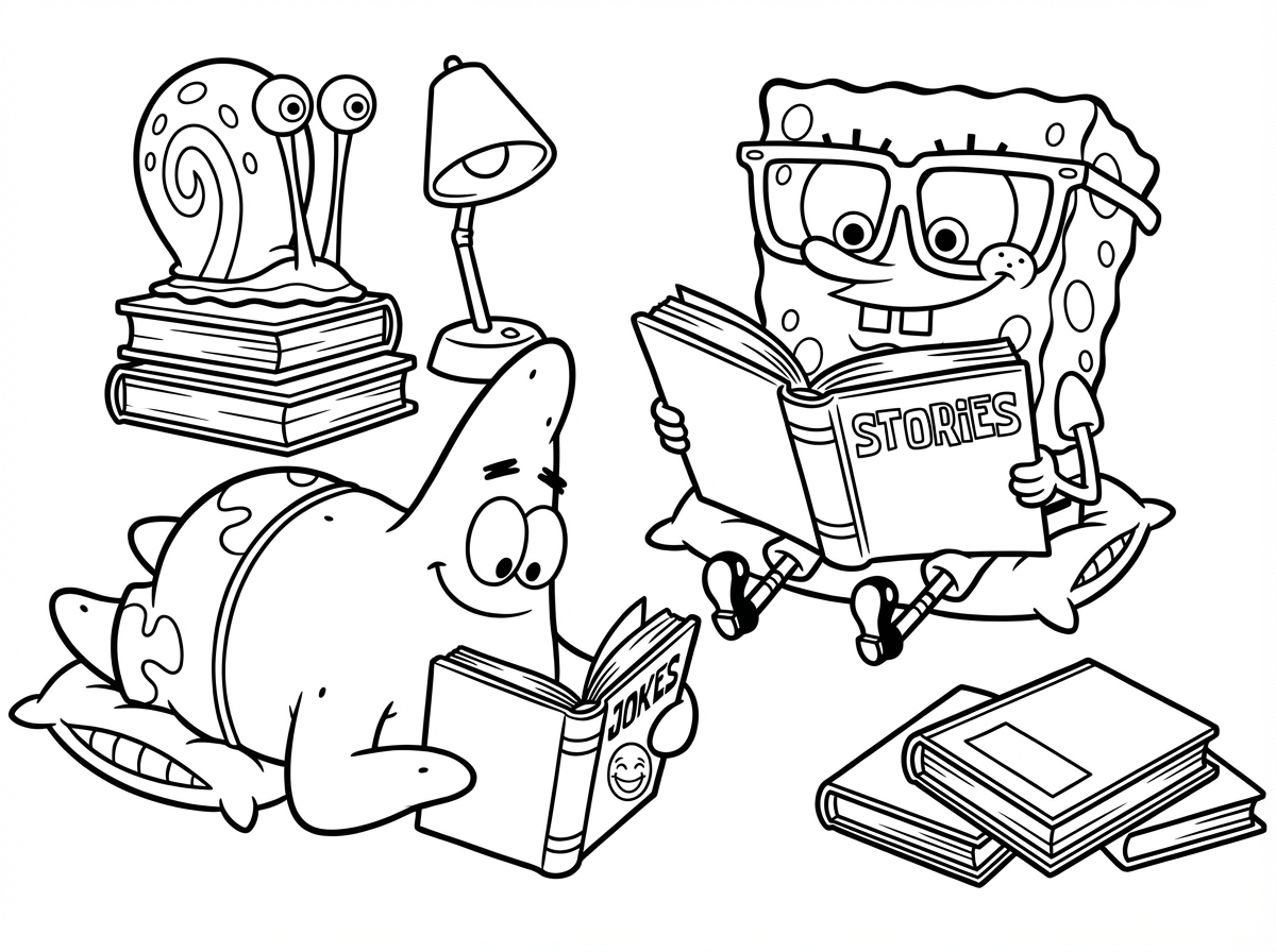 SpongeBob, SquarePants, Bookworm, Great. Bookworm. With Patrick, with Gary.