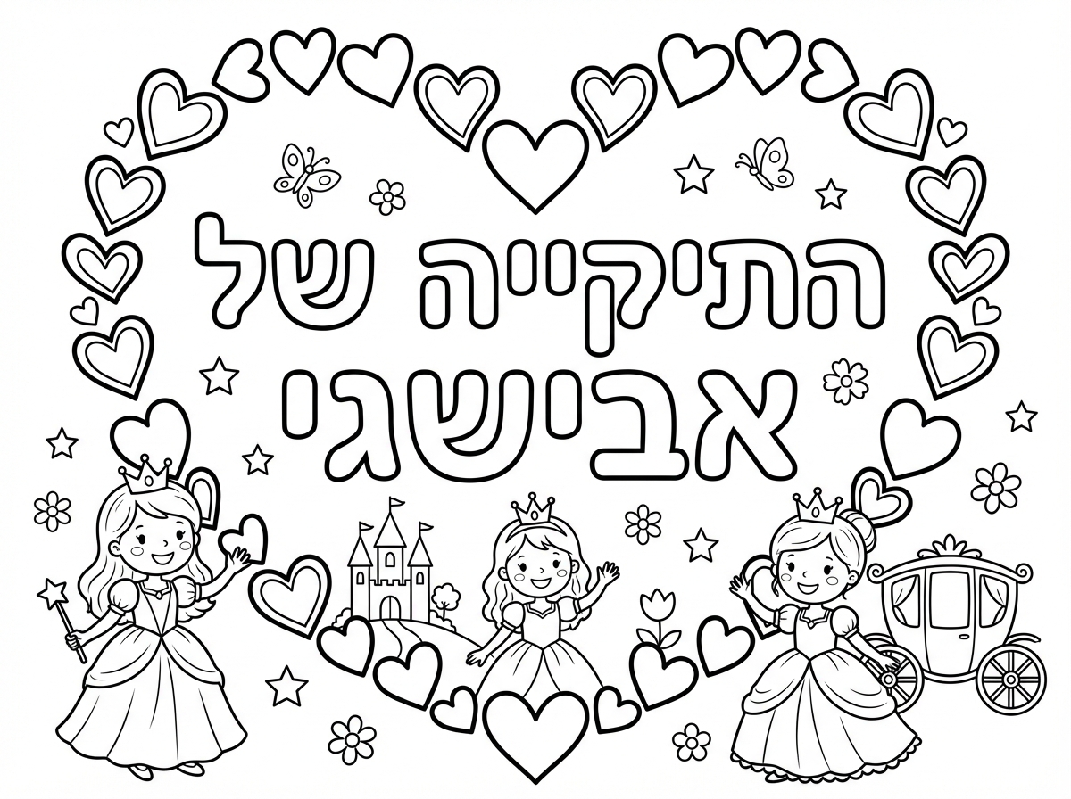 תכין לי דף צביעה שכתוב עליו 'התיקייה של אבישגי' עם מסגרת לדף של לבבות
ושיהיה מצוייר איורים של נסיכות