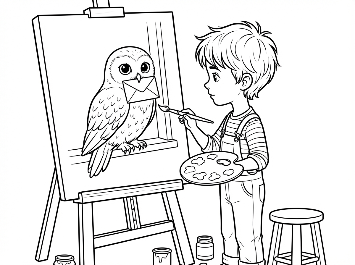 תעשה ילד בן תשע 10 שמצייר על קנבס גדול והוא מחזיק מכחול ביד אחת וביד השנייה הוא מחזיק את הצבעים ועל הקנבס מצויר את הדביג עם מכתב עומדת על חלון