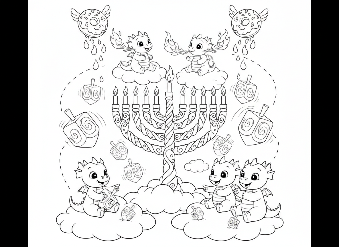 חנוכה בממלכת הדרקונים - דרקונים קטנים וחמודים מדליקים חנוכייה ענקית עם אש מהפה, סביבונים עצומים מזהב מסתובבים, סופגניות מעופפות עם ריבה יורדות מהשמיים, וילדי דרקון משחקים בסביבון על ענן