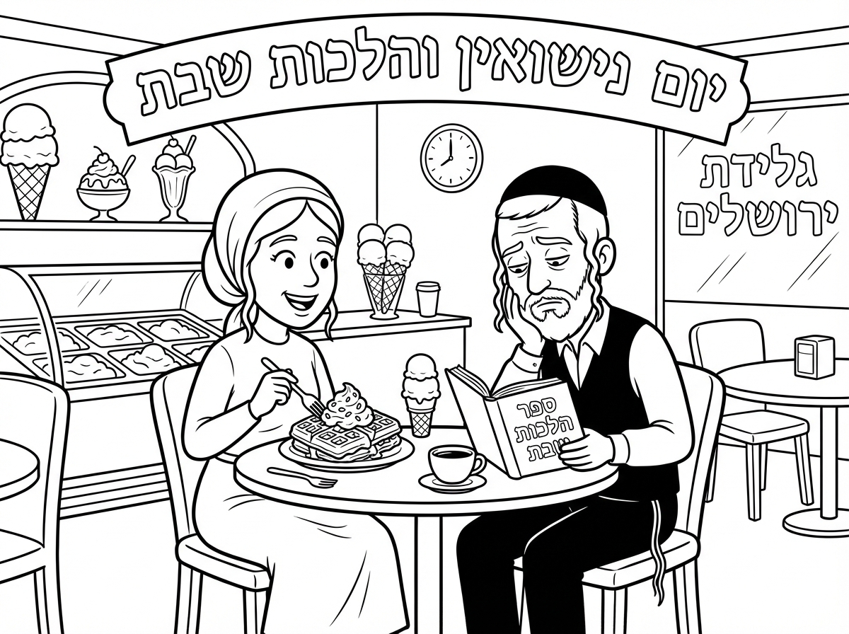 צור לי דף צביעה
בכותרת באותיות חלולות: יום נישואין והלכות שבת
בדף הצביעה יש גלידריה מעוצבת, עם שולחנות ישיבה, במרכז, ליד שולחן אחד, יושבים זוג חרדים, האישה עם פאה לראשה, אוכלת וופל בלגי בהנאה, והאיש בפאות קצרות, יושב בפנים רציניות ועייפות מול חוברת לימוד ולומד ולומד וכמעט נרדם.