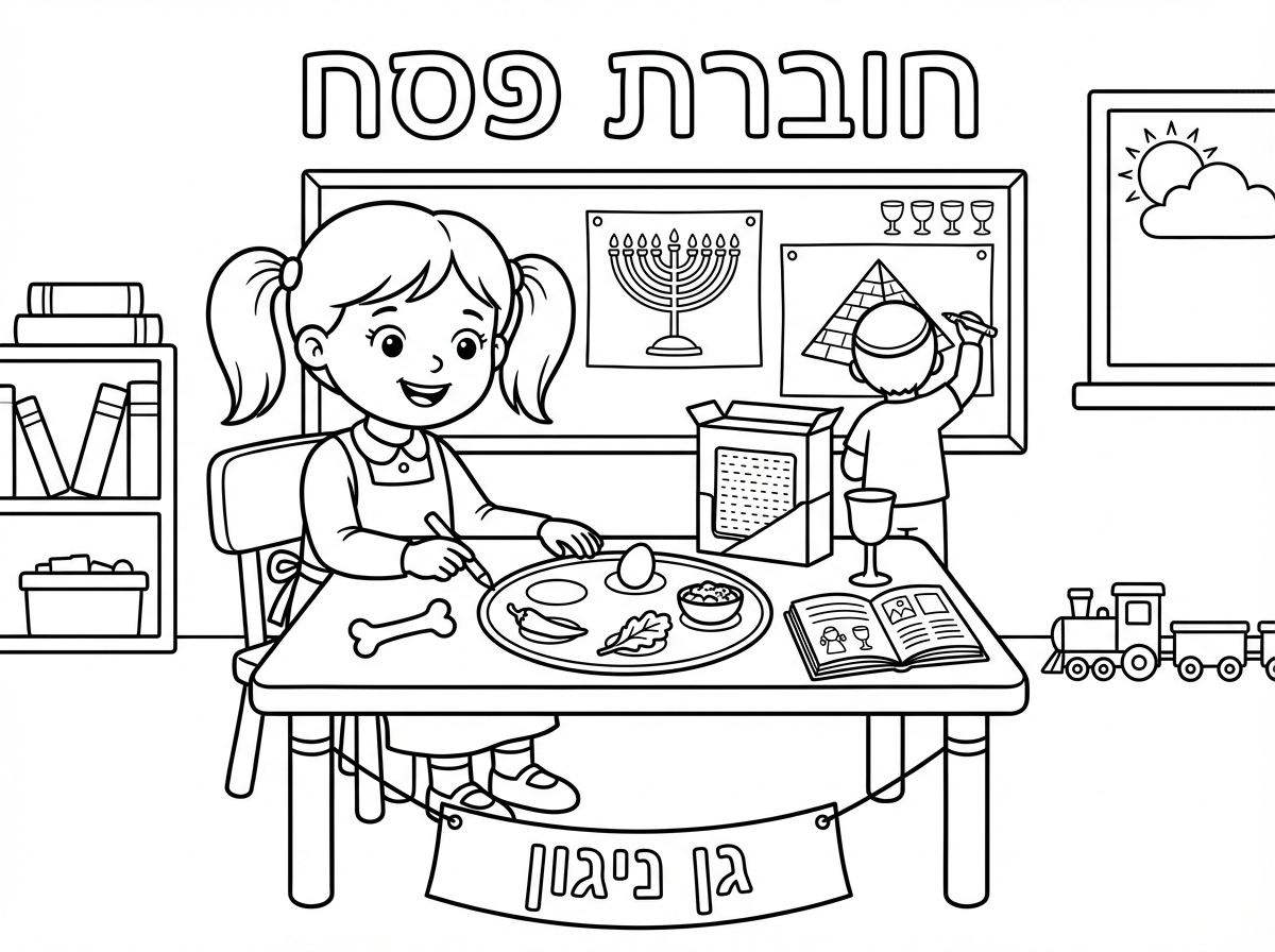 אשמח לכריכה לחוברת פסח גן ניגון  שהיה רשום למעחה חוברת פסח ומתחת ילדה בגן דתי ותמונה של פסח