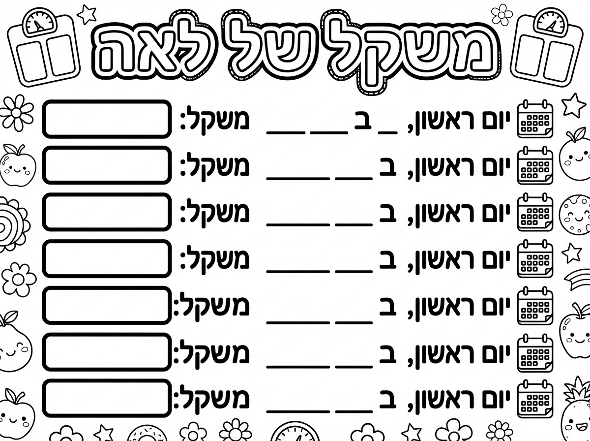אני צריכה דף עם כל התאריכים של ימי ראשון עד שבועות , עם מקום לכתוב משקל.
ובכותרת, ״ משקל של לאה״