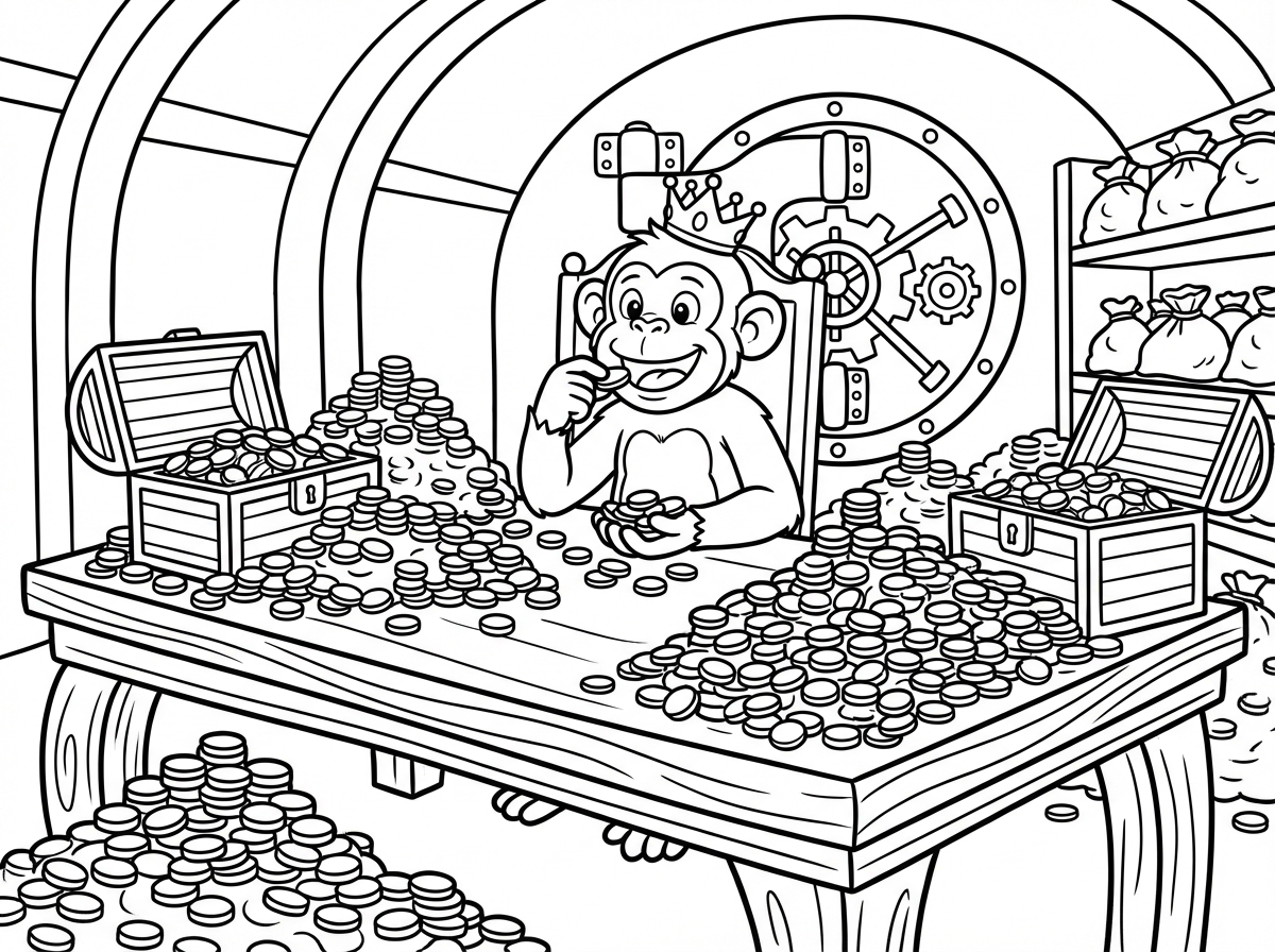 חדר כמו כספת עם ערמות של מטבעות
ובראש השולחן המפואר
יושב קוף
ומחזיק ביד וליד הפה מטבעות זהב