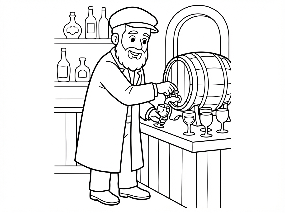 יהודי עם זקן וכובע קסקט
חליפה ארוכה עד הברך
נמצא בבית מרזח
מאחורי הדלפק הוא עומד
ומוזג מהחבית הגדולה יין בכוסות